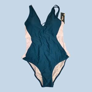 One Piece Sz M Swimsuit Dk Teal and White Corset Style Back Hi Cut Slimming NWT